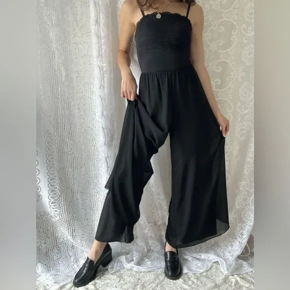 Vintage 90s/Y2K Black Chiffon Wide Leg Pants Minimalist Flowy Dressy - Picture 4 of 12